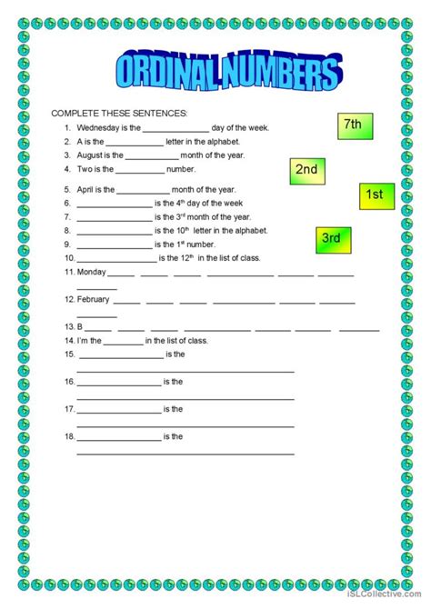 ordinal numbers worksheet|109 Ordinal numbers English ESL worksheets pdf & doc .